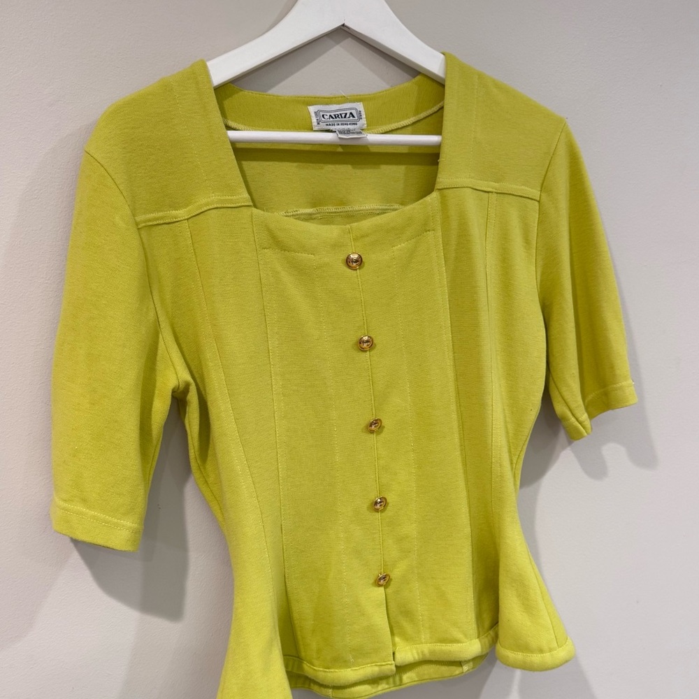 Vintage CARIZA Chartreuse Button-Up Top (Made in USA) - Picture 3 of 4